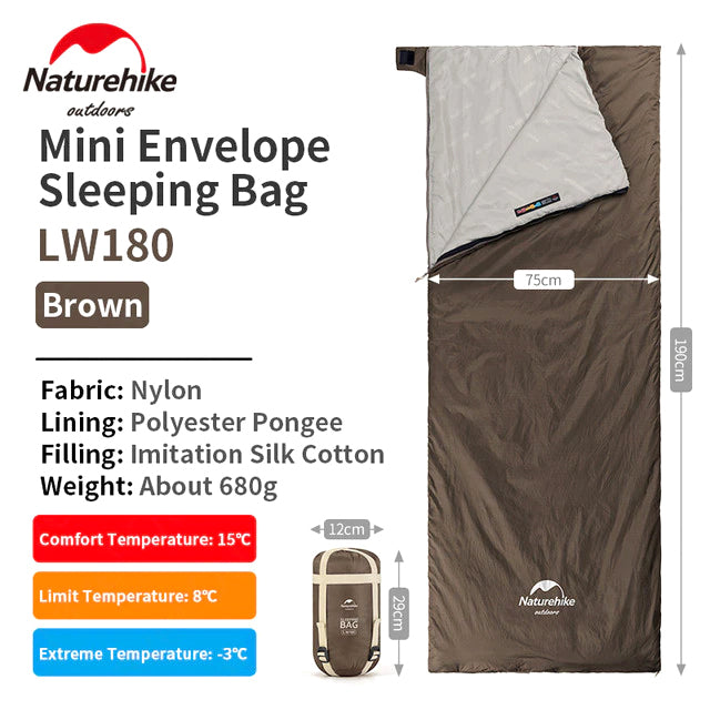 Naturehike Mini Envelope Sleeping Bag Outdoor LW180 Portable Ultralight Breathable Cotton Fabric Thick Foam for Tent Adult Comfortable Camp Sleep Bed Pad