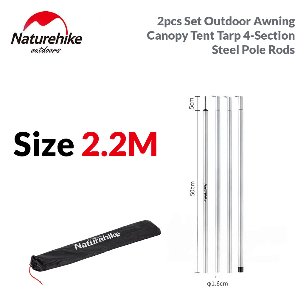 Naturehike 2pcs Set 2M | 2.2M | 2.4M | 2.8M Outdoor Portable Awning Canopy Tarp Tent Steel Iron Pole Rod 4 Section Camp Shelter Folding Support Stick