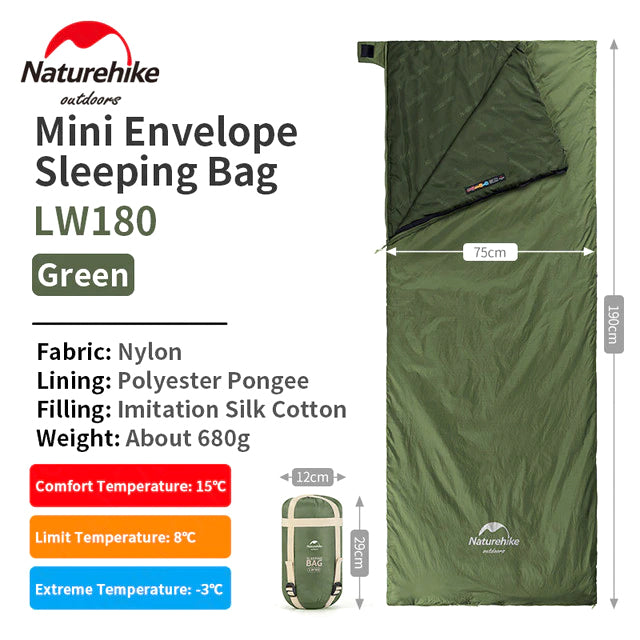 Naturehike Mini Envelope Sleeping Bag Outdoor LW180 Portable Ultralight Breathable Cotton Fabric Thick Foam for Tent Adult Comfortable Camp Sleep Bed Pad