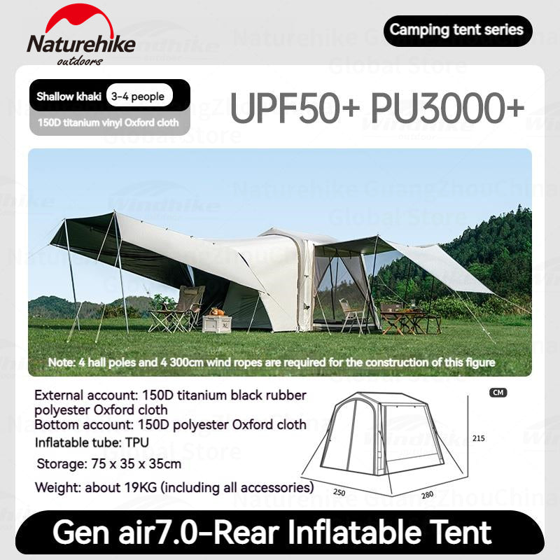Naturehike AIR 7.0 Inflatable Car Tail Tent Portable SUV MPV Side Tunnel Tent Sunshade Waterproof Beach Car Rear Tent Camping Outdoor 35㎡ With Canopy