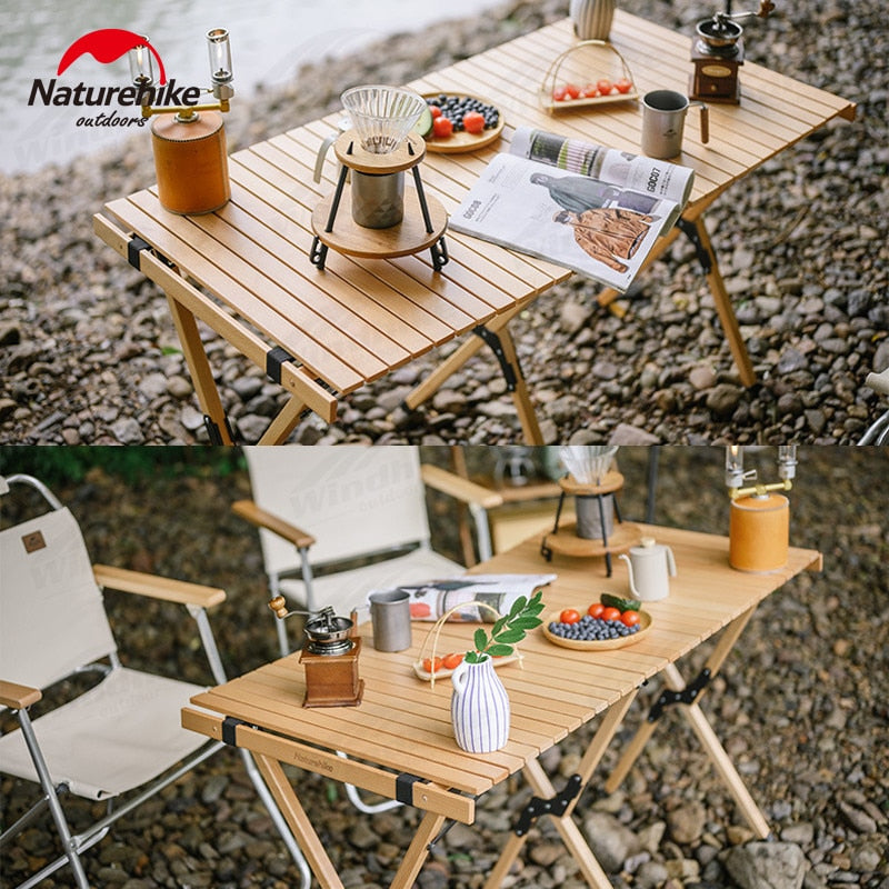 Naturehike Folding Egg Roll Table Portable Solid Wood High Camping Picnic Barbecue Party Tea Table 30kg Bearing Weight Outdoor Funiture Nature Hike