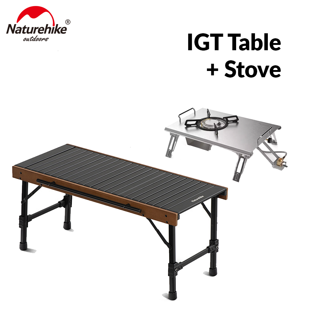 Naturehike IGT Combination Table Outdoor Portable Folding Picnic BBQ Aluminum Alloy Table Combined With BBQ Grill Or Gas Stove Bundle Set Loab Bearing Up to 30kg Foldable Wood Light Egg Roll Camping Hiking Beach Travel Original Nature Hike