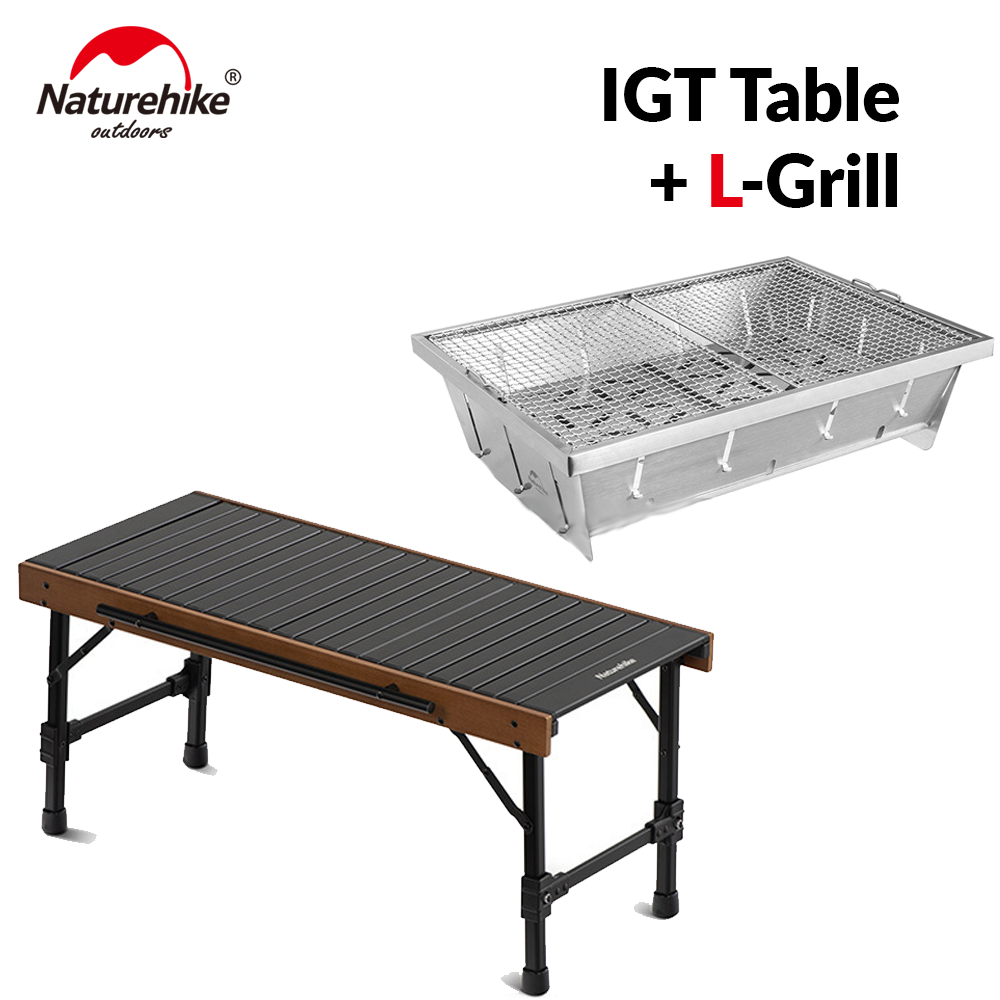 Naturehike IGT Combination Table Outdoor Portable Folding Picnic BBQ Aluminum Alloy Table Combined With BBQ Grill Or Gas Stove Bundle Set Loab Bearing Up to 30kg Foldable Wood Light Egg Roll Camping Hiking Beach Travel Original Nature Hike