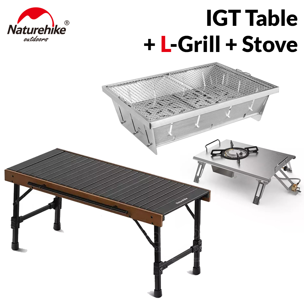 Naturehike IGT Combination Table Outdoor Portable Folding Picnic BBQ Aluminum Alloy Table Combined With BBQ Grill Or Gas Stove Bundle Set Loab Bearing Up to 30kg Foldable Wood Light Egg Roll Camping Hiking Beach Travel Original Nature Hike