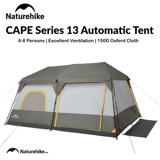 Naturehike CAPE Series 13 Automatic Tent Portable Lightweight Fast Build Cabin Style Shelter 6-8 Persons 2 Bedroom Excellent Ventilation Large Interior Waterproof Heavy Duty