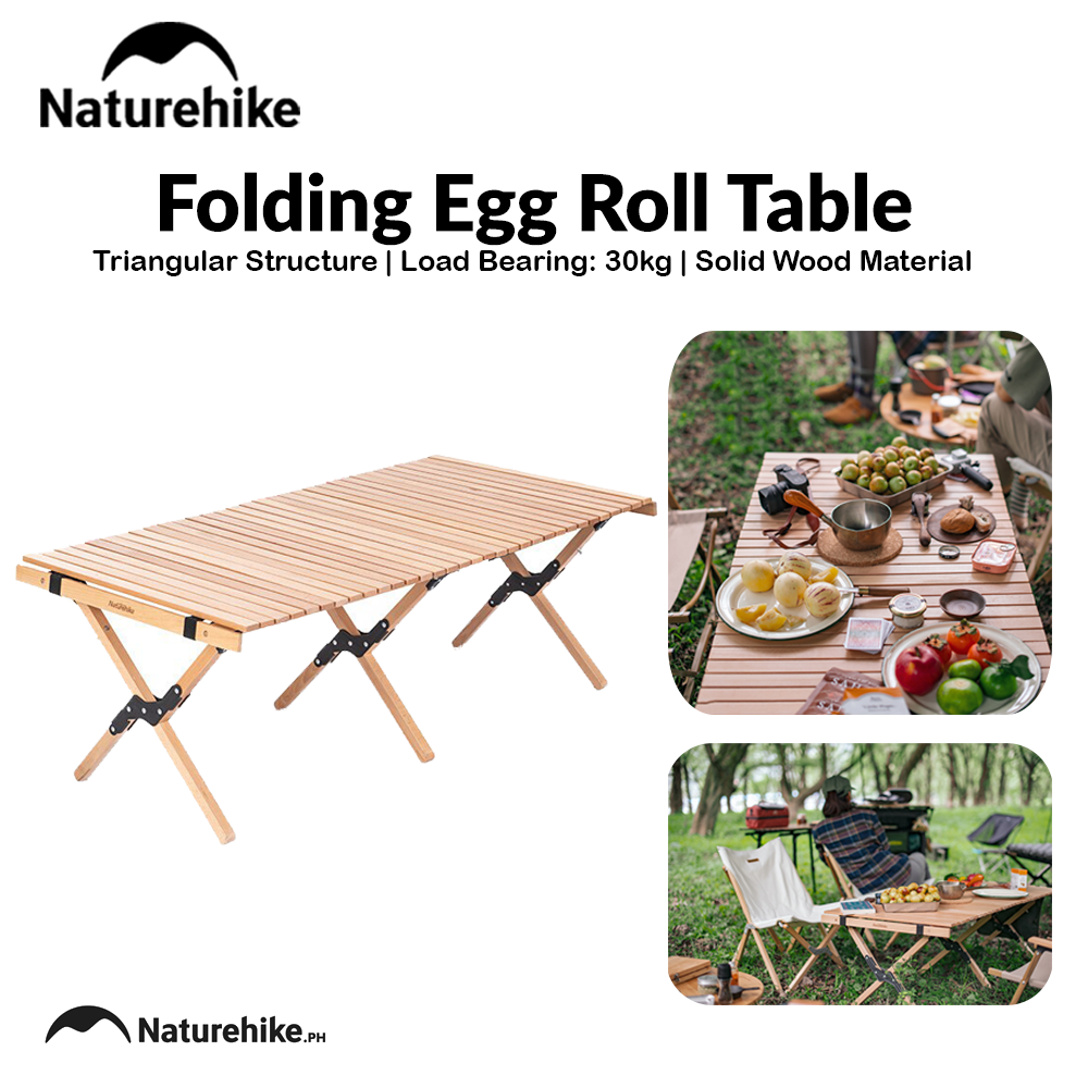 Naturehike Folding Egg Roll Table Portable Solid Wood High Camping Picnic Barbecue Party Tea Table 30kg Bearing Weight Outdoor Funiture Nature Hike