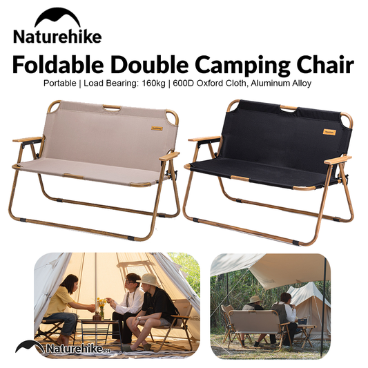 Naturehike Foldable Double Camping Chair Outdoor Portable Lightweight Wood Grain Seat Folding Dual Bench 160KG Max Load Camp Aluminum Alloy Hiking Beach Picnic Travel Heavy Duty Original Nature Hike
