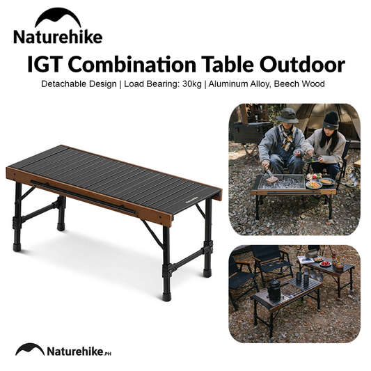 Naturehike IGT Combination Table Outdoor Portable Folding Picnic BBQ Aluminum Alloy Table Combined With BBQ Grill Or Gas Stove Bundle Set Loab Bearing Up to 30kg Foldable Wood Light Egg Roll Camping Hiking Beach Travel Original Nature Hike