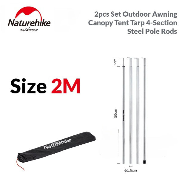 Naturehike 2pcs Set 2M | 2.2M | 2.4M | 2.8M Outdoor Portable Awning Canopy Tarp Tent Steel Iron Pole Rod 4 Section Camp Shelter Folding Support Stick