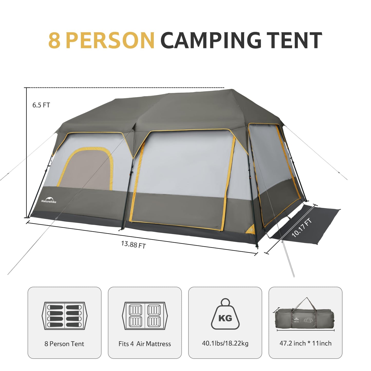 Naturehike CAPE Series 13 Automatic Tent Portable Lightweight Fast Build Cabin Style Shelter 6-8 Persons 2 Bedroom Excellent Ventilation Large Interior Waterproof Heavy Duty