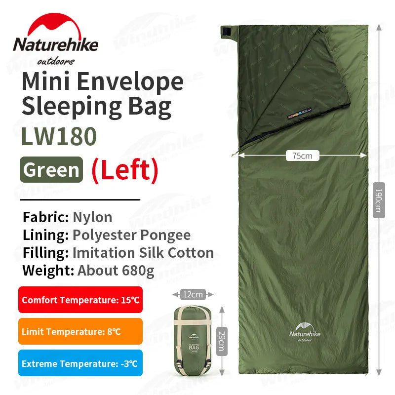 Naturehike Mini Envelope Sleeping Bag Outdoor LW180 Portable Ultralight Breathable Cotton Fabric Thick Foam for Tent Adult Comfortable Camp Sleep Bed Pad