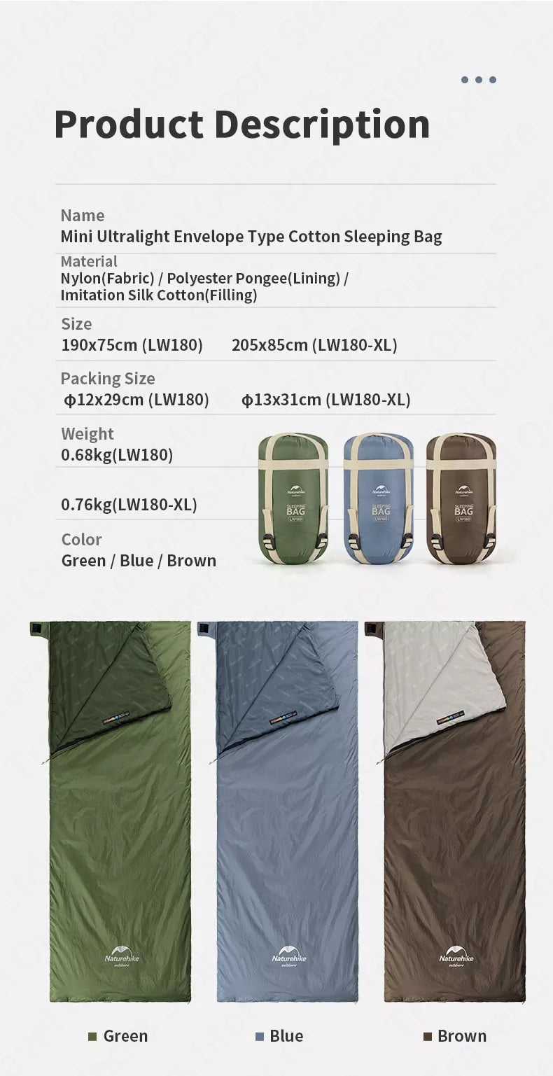 Naturehike Mini Envelope Sleeping Bag Outdoor LW180 Portable Ultralight Breathable Cotton Fabric Thick Foam for Tent Adult Comfortable Camp Sleep Bed Pad