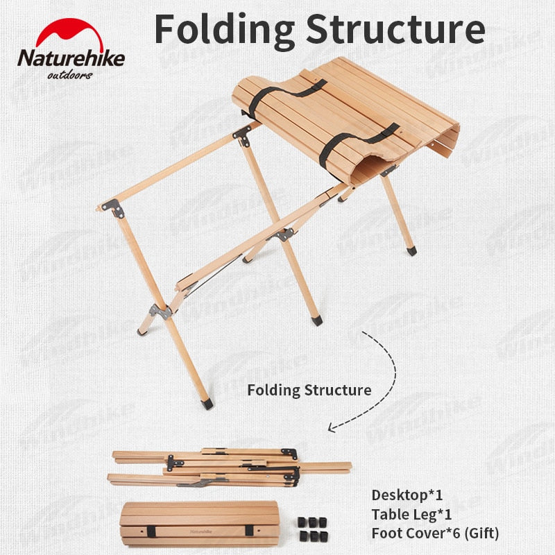 Naturehike Folding Egg Roll Table Portable Solid Wood High Camping Picnic Barbecue Party Tea Table 30kg Bearing Weight Outdoor Funiture Nature Hike
