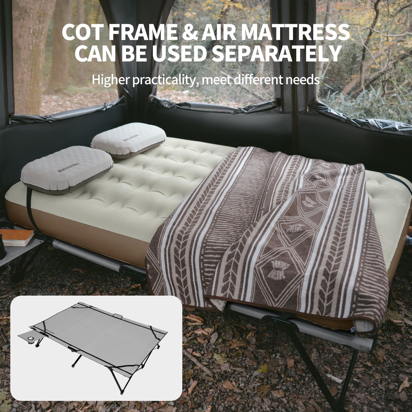 Naturehike Cot Frame & Air Mattress Portable Lightweight 2 Person Folding Camping Cot With Camping Air Mattress Built-in Side Table Camping Bed For Adults