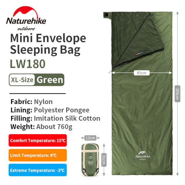 Naturehike Mini Envelope Sleeping Bag Outdoor LW180 Portable Ultralight Breathable Cotton Fabric Thick Foam for Tent Adult Comfortable Camp Sleep Bed Pad