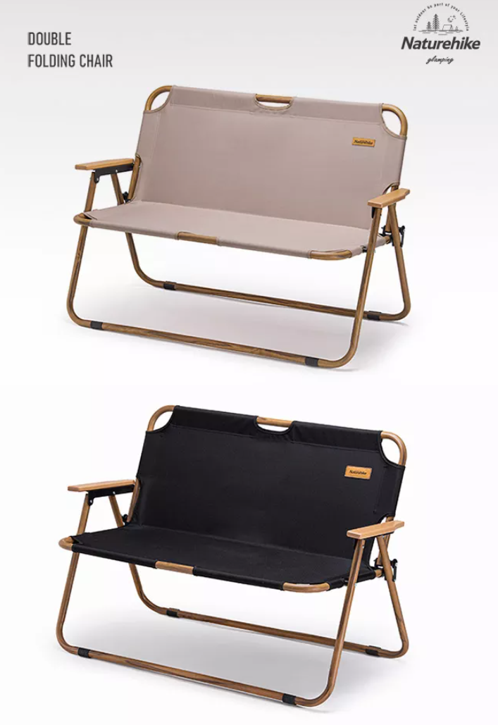 Naturehike Foldable Double Camping Chair Outdoor Portable Lightweight Wood Grain Seat Folding Dual Bench 160KG Max Load Camp Aluminum Alloy Hiking Beach Picnic Travel Heavy Duty Original Nature Hike