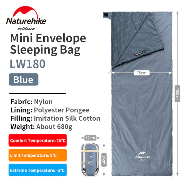 Naturehike Mini Envelope Sleeping Bag Outdoor LW180 Portable Ultralight Breathable Cotton Fabric Thick Foam for Tent Adult Comfortable Camp Sleep Bed Pad