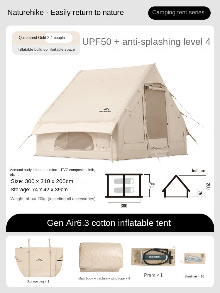 Naturehike GEN Air Series 12/6.3 Inflatable Tent 4-8 Persons Premium Fast Build Eaves Tent Large Area Shelter Blended Polyester Cotton Waterproof