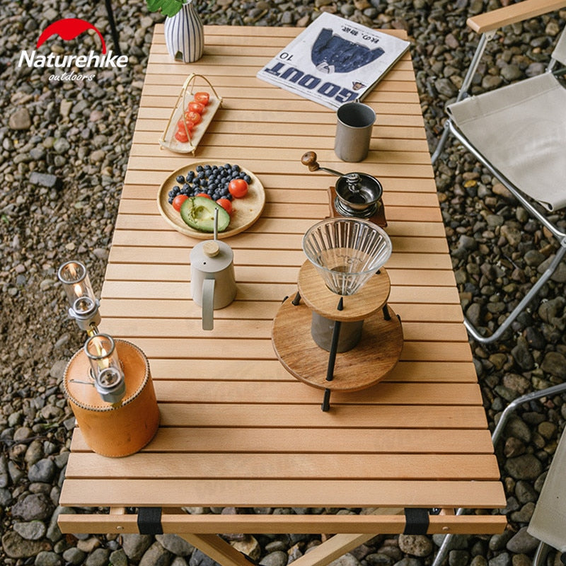 Naturehike Folding Egg Roll Table Portable Solid Wood High Camping Picnic Barbecue Party Tea Table 30kg Bearing Weight Outdoor Funiture Nature Hike