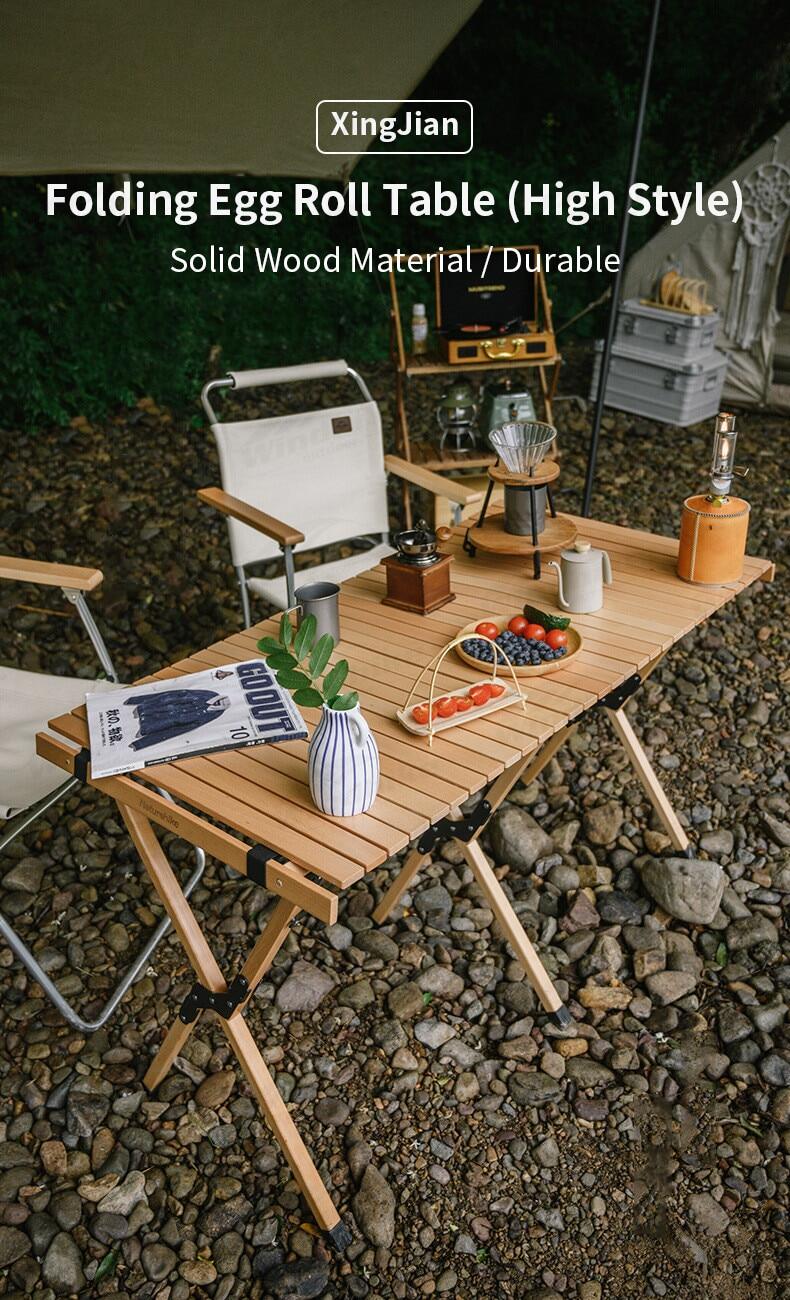 Naturehike Folding Egg Roll Table Portable Solid Wood High Camping Picnic Barbecue Party Tea Table 30kg Bearing Weight Outdoor Funiture Nature Hike