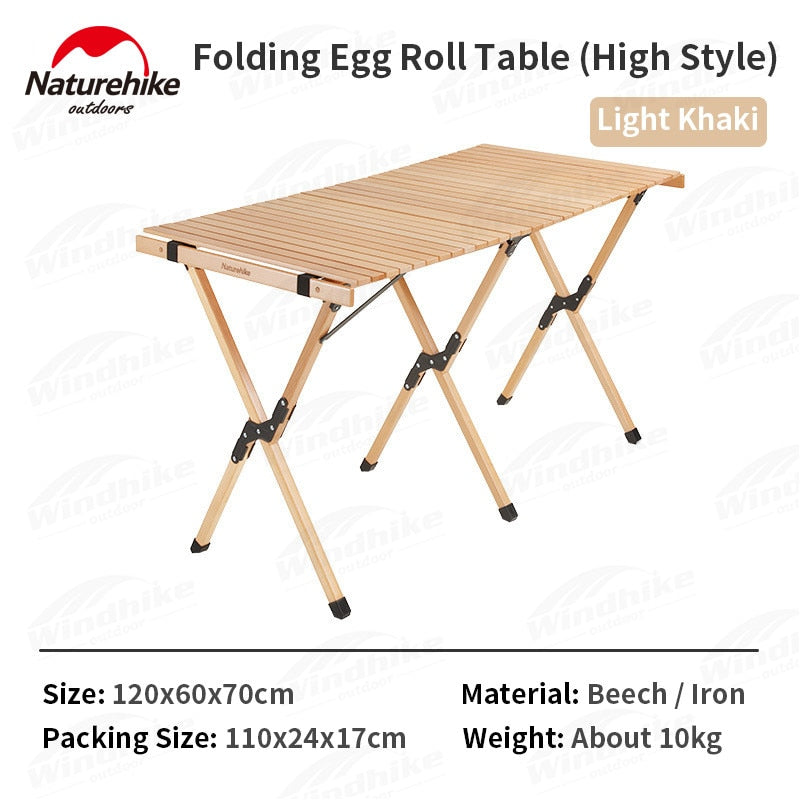 Naturehike Folding Egg Roll Table Portable Solid Wood High Camping Picnic Barbecue Party Tea Table 30kg Bearing Weight Outdoor Funiture Nature Hike